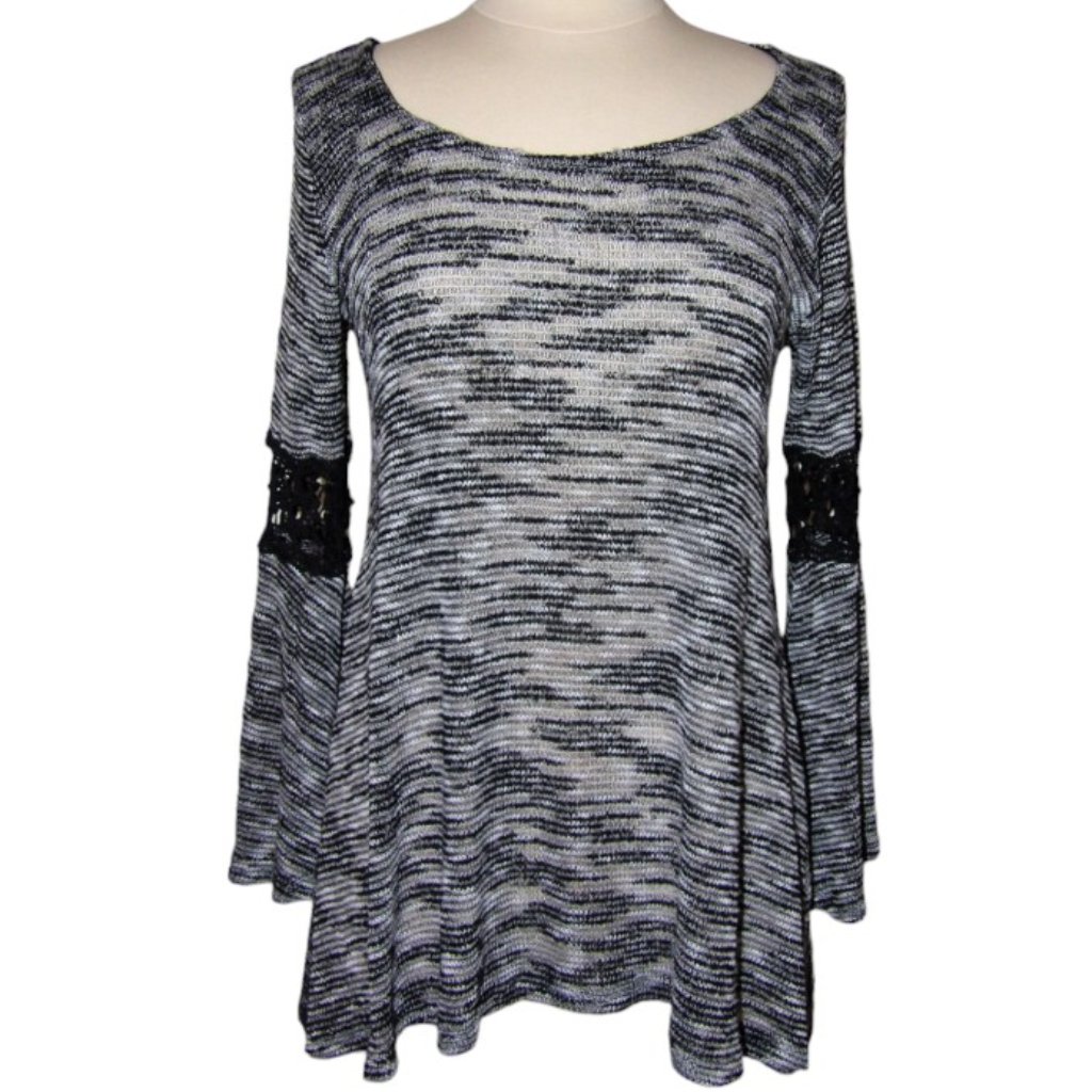 Black & White Tunic - Bell Sleeves With Crochet Inserts & Irregular Hemline